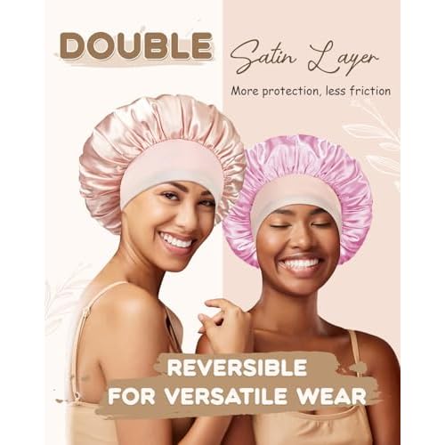 BONNET QUEEN Silk Bonnet for Sleeping Women Satin Bonnet Hair Bonnet Adjustable Reversible Double Layered Sleep Night Cap for Curly Hair Jade and Pink