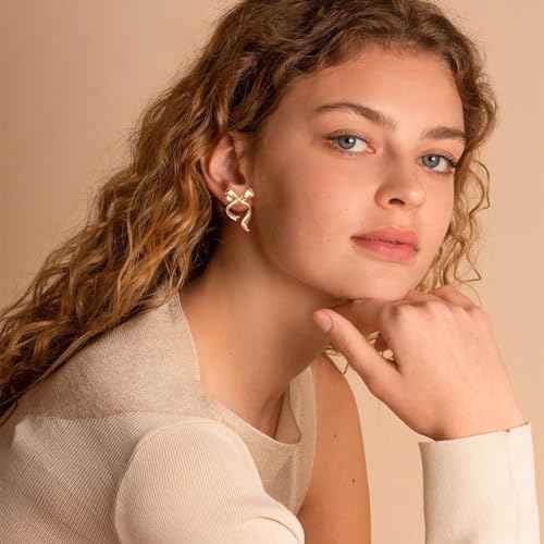 Doubnine BowKnot Earrings Gold Ribbon Stud Golden Bow Cute Christmas Wedding Jewelry for Women