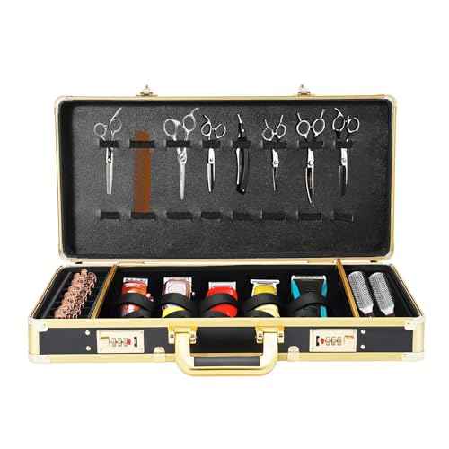 Barber Carrying Case - Sturdy Portable Storage for Clippers, Scissors, and Salon Tools - Multi-Space Organizer with Combination Lock - for Barbers, Stylists, and Groomers (Black, Golden)