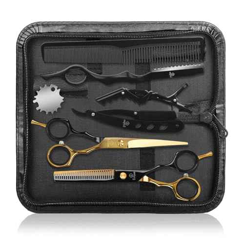 Hair Cutting Scissors Kit - 9 PCS Professional Haircut Scissors Set with Stainless Steel Straight and Thinning Shears for Home, Salon, and Barber Use (Black & Gold)