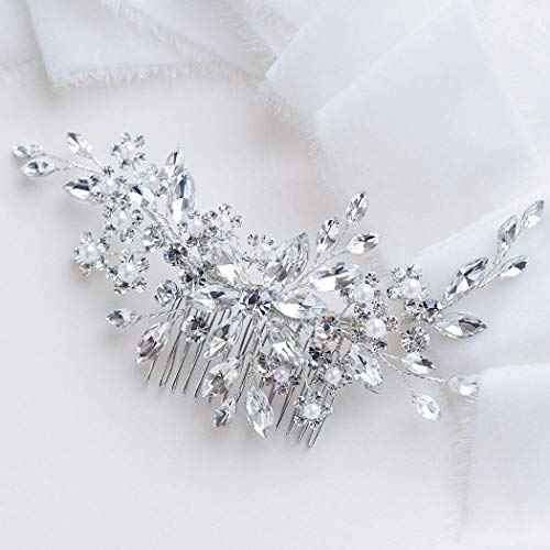 Catery Crystal Bridal Hair Combs Rhinestones Hairpieces Flower Wedding Clips Accessories for Brides and Women Pack of 1(Silver)