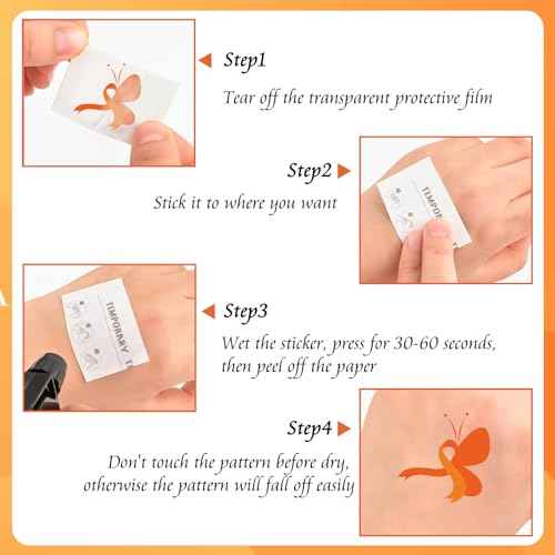 WANDIC 30 Sheets Orange Ribbon Temporary Tattoos, Leukemia Awareness Tattoo Sticker Lymphoma Kidney Cancer Awareness Stickers for Charity Eveny