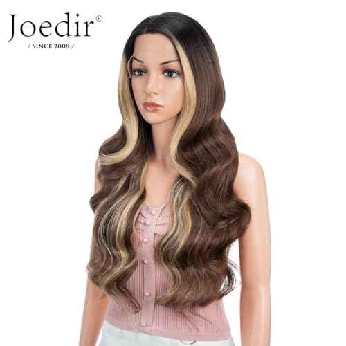Joedir 26" Big Curly Wavy Supreme Free Parting HD Lace Frontal Wigs With Baby Hair High Temperature Synthetic Wigs For Women(Ombre Brown Highlights Color)
