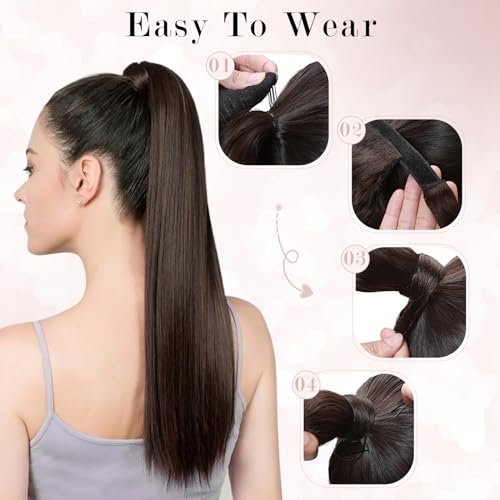 Ponytail Extensions Human Hair Long Straight Ponytail Hair Extensions with Magic Paste Wrap Around Clip in Ponytail Extensions Real Human Hair,16inch #60 Platinum Blonde,80g