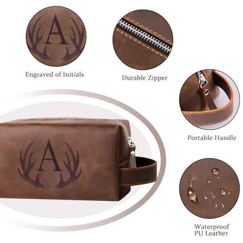 Unique Fathers Day Birthday Gifts Engraved Initial Travel Toiletry Bag for Men Personalized PU Leather Waterproof Shaving Bag for Toiletries Accessories Travel Essentials for Him (J)