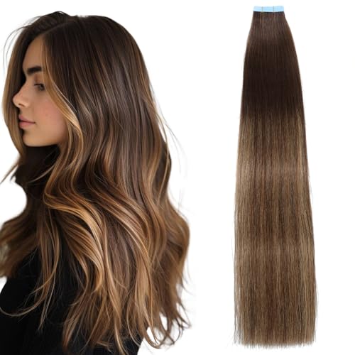 Tape in Hair Extensions Human Hair, 20 Inch Choclolate Brown to Caramel Blonde/Brown Remy Human Hair Skin Weft 20pcs 50g/pack Invisible Tape in Hair Extensions (#T4-P27/4, 20 Inch)