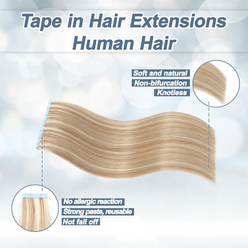 Tape in Hair Extensions Human Hair 100% Remy Hair 20pcs 50g/Pack Straight Seamless Invisible Skin Weft Extensions Easy to Apply and Style (Honey Blonde to Bleach Blonde,22 Inch)