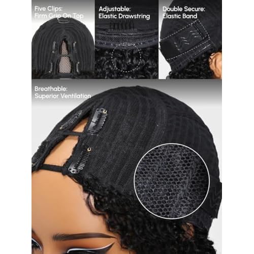 KLAIYI EasiContour V Part Wig Yaki Straight Human Hair Glueless Upgrade U Part Wigs for Women Clip In Half Wig Magic Leave Out Real Scalp 30S Ready to Wear Beginner Friendly Natural Black Color 16Inch
