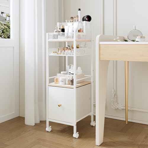 Floor Makeup Organizer Cart, Narrow Floor Skincare Organizers and Storage with Drawers, Bathroom Vanity Organizer Cosmetics Display Cases Holder for Skin Care Nail Polish Perfume Makeup Brush (White)