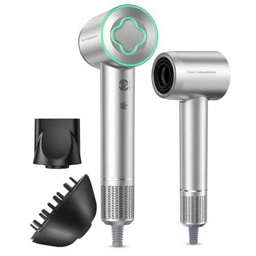 Hair Dryer - 150000 RPM High-Speed Brushless Motor Negative Ionic Blow Dryer for Fast Drying, Low Noise Thermo-Control Hair Dryer with Diffuser and Nozzle, Silvery