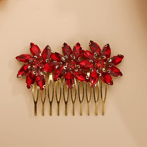 Crystal Flower Hair Comb for Women Girls Prom Crystals Hair Comb Wedding Headpiece for Bride Bridemaid Flower Girls RED