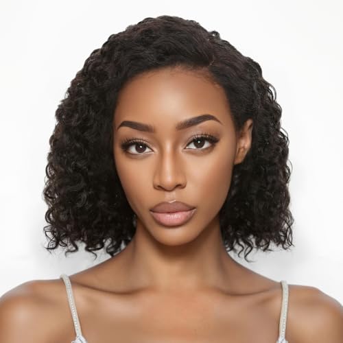 HANNE 12 Inch 13x4 Short Curly Human Hair Wigs 180% Density HD Lace Front Wig Glueless Wigs Human Hair Pre Plucked Pre Cut Curly Bob for Black Women