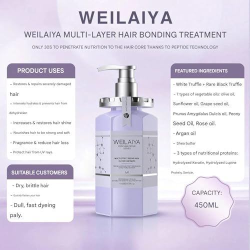 Weilaiya High Gloss Hair Mask 450mL (Repair damaged hair, Rebuid hair structure, Soft & Smooth hair, Anti frizzy hair, Heat protection, & keeps the hair color last longer up to 6 weeks)
