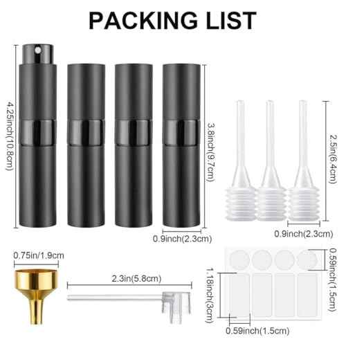 8ML Travel Perfume Atomizer 4 Pack - Refillable Leak Proof Spray Bottles for Fragrance & Essential Oils, Portable Mini Sprayer Set, Christmas Gift (Matte Black)