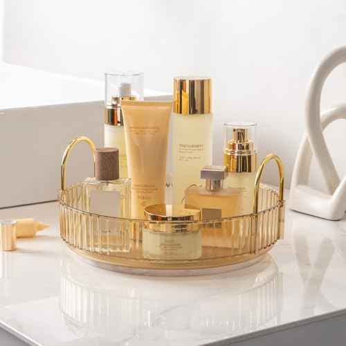Makeup Organizer for Vanity, 360¡Æ Rotating Bathroom Organizer Countertop, High-Capacity Skincare Organizer, Spinning Cosmetics Organizer for Dresser Countertop (1 Tier, Amber)