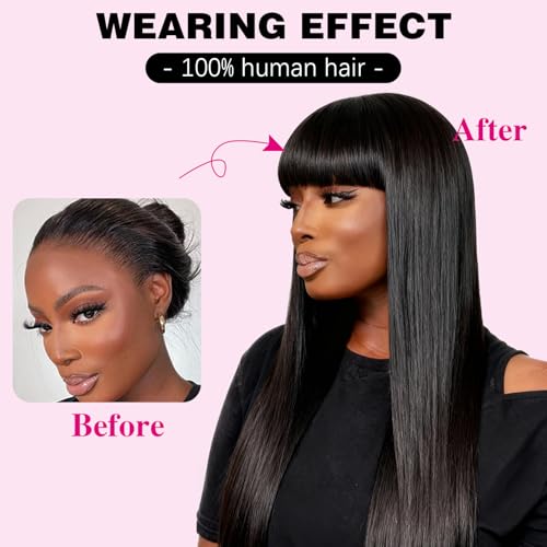 Human Hair Lace Front Wig, 200% Density Brazilian Virgin Hair, Natural Black, Straight Style with Bangs, 2x4 Lace Closure Wig Glueless Design for Women(12 Inch)