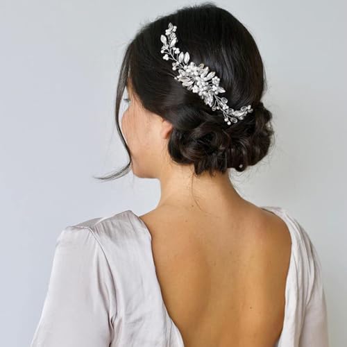 Bride Flower Pearl Wedding Hair Comb for Women and Girls,Floral Bridal Hair Piece Crystal Side Combs Wedding Party Hair Pin Accessories (Silver)