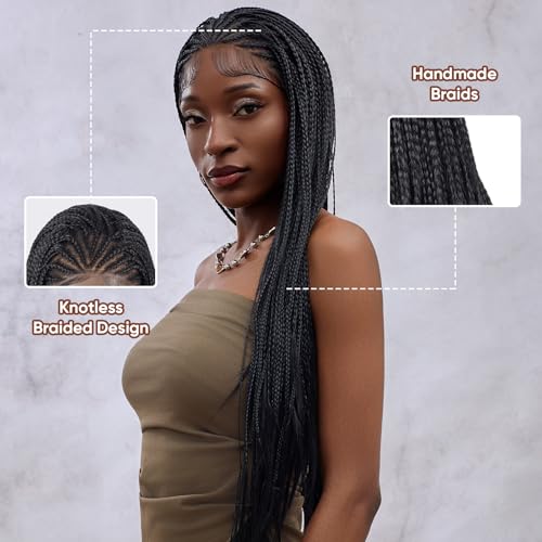 Glueless Dreadlock Extensions Cornrow Long Braided Wig for Black Women, 34in Natural Soft Faux Locs Crochet Kinky Headband Lace Front Synthetic Braiding Human Hair Curly Half Wig (Black)(Black)