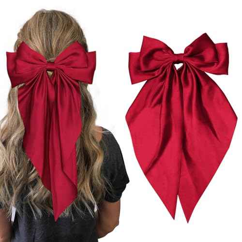Hair Bows for Women Girls,Red Silky Satin Hair Barrettes with Long Ribbon Tail Big French Cute Hair Bows Clip Hair Accessories for Party Women Girl