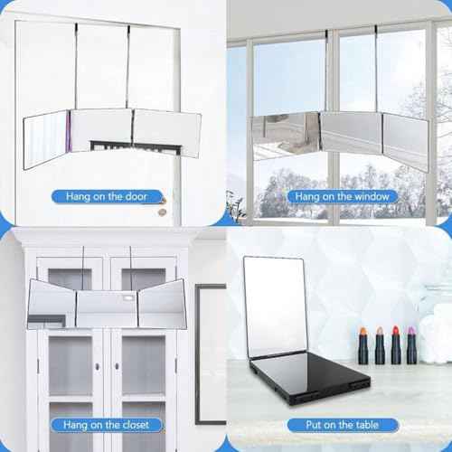 HIEEY 3 Way Mirror for Hair Cutting,360 Trifold Mirror with Height Adjustable Telescoping Hooks,and 5X Magnification,for Makeup, Hair Styling
