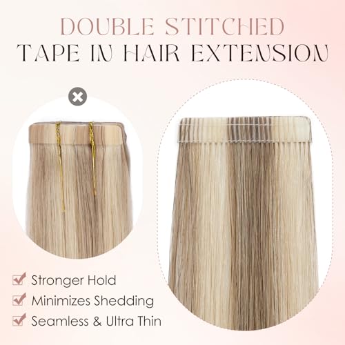 Human Hair Tape in Extensions-Double Stitched,SLEEKALON Free-cut Mini Tape ins Real Hair Extension Highlights Bleach Blonde mix Brown Seamless Straight Double Side Tape Hair-16 Inch,20pcs 50g,#12P613