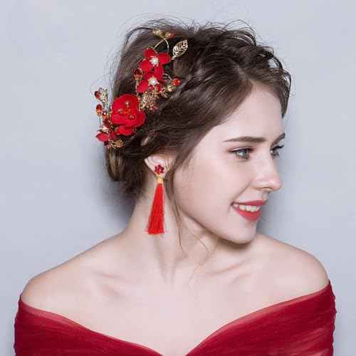 2 Pack Red Flower Hair Clips Rose Floral Bridal Hairpins Crystal Pearl Flower Bride Headpiece Red Wedding Accessories for Women Girls Halloween Chrismas Party Prom