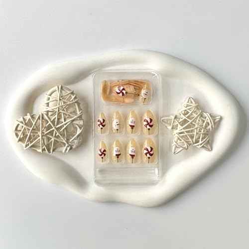 Christmas Press on Nails Almond Nude Fake Nails with White Snowman Design Glossy False Nails Acrylic Nails Full Cover Glue on Nails Stick on Nails for Women and Girls