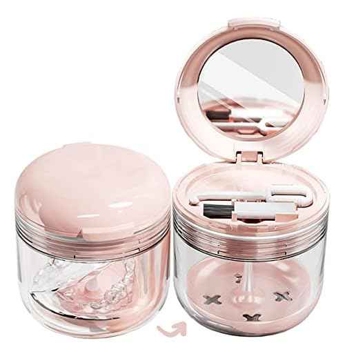 MURRI&MURRDI Retainer Mouth Guard Soak Container Box, Denture Bath Case with Strainer Basket, Braces Cleaner Cup Leak Proof, Travel Cleaning Storage Holder for Aligners Dental, Pink