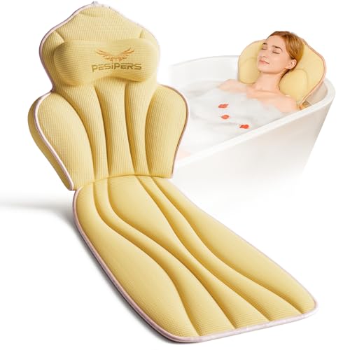 Ergonomic Full Body Bath Pillow for Bathtub, 3.9 inch Thickened Tub Pillows for Back Support and Headrest Neck, Soft 5D Air Mesh Cushion & Mat, Bathtub Pillow with 13 Suction Cups(Gold)