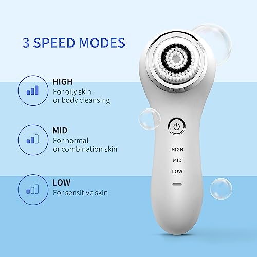 COSBEAUTY Face Scrubber Exfoliator Sonic Facial Cleansing Brush with 5 Interchangeable Brush Head,Face Brush Cleanser for Men IPX7 Waterproof,Wireless Rechargeable for Massaging,Deep Cleansing(White)