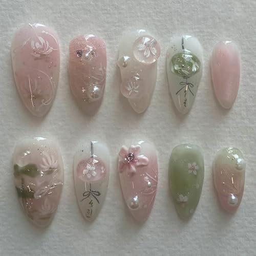 24Pcs Floral Almond Press on Nails Short Light Pink Fake Nails Cute French Nails Press ons Flower Full Cover Stick on Nails Almond Shape False Nails Tip Pearl Nails for Women Daily Wear Manicure Kit