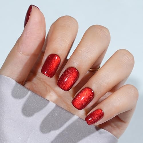 Press On Nails Short - Red Press On Nails Cat Eye Acrylic Square Halloween Nails with Nail Glue, Fit Perfectly Stick On Nails in 16 Sizes - 32PCS Soft Gel Kit,Crimson Fang