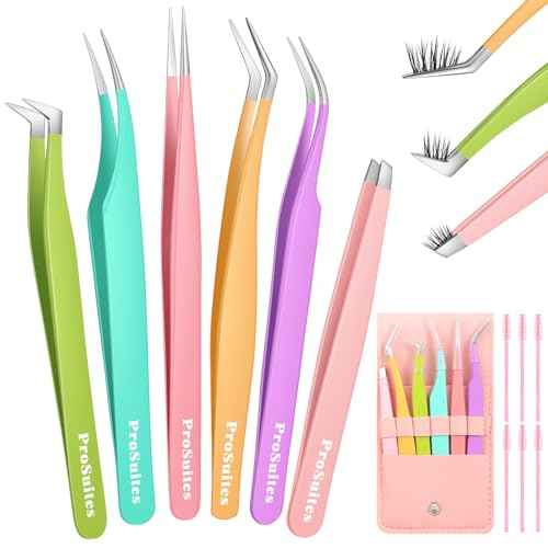 6pcs Eyelash Tweezers Lash Extension Tweezers for False Lashes,Christmas Gifts Eyelash Tweezers for Lash Clusters Metal Lashtweezers Stocking Stuffers with Lash Applicator Tool