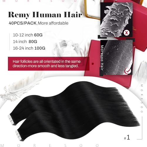 Moresoo Tape in Hair Extensions Human Hair #1 Jet Black Hair Tape in Human Hair Extensions Invisible Glue in Extensions Real Hair Straight 40 Pieces 100g 20 Inch