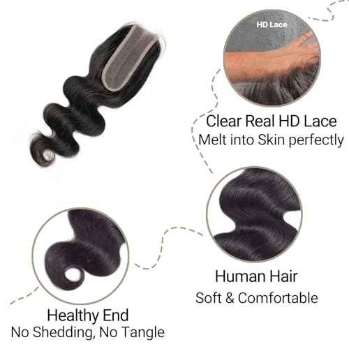 2x6 HD Lace Closure Body Wave Human Hair ? 12 Inch Ultra-Thin 0.10mm Melt Swiss Lace Closure, Pre-Plucked with Tiny Knots, Virgin Hair with Natural Hairline
