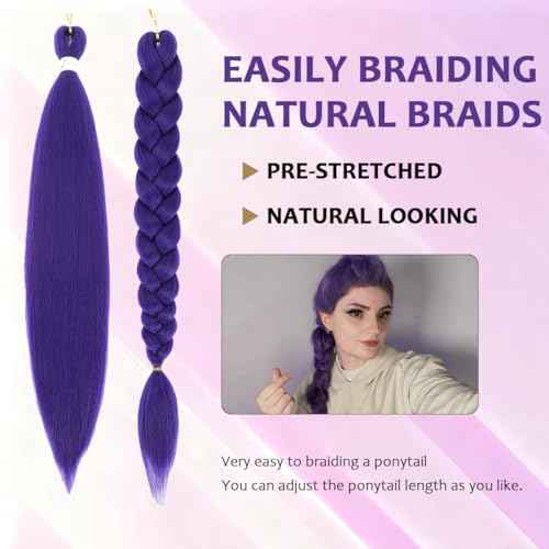 Purple Braiding Hair Extensions 3 Packs Pre-Stretched Braiding Hair for Women Purple Hair Extensions for Braids Cosplay Halloween Costume (26 Inch D-Pur)