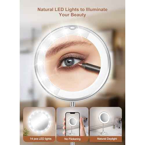 10x Magnifying Mirror with Light, Flexible Gooseneck Make up Mirror with Lights and Magnification, Battery Operated Cordless with Suction Cups for Wall Bathroom