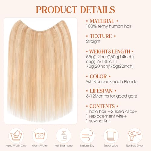 Halo Hair Extensions Real Human Hair, S-noilite Hair Halo Extensions for Women 18inch Ash Blonde/Bleach Blonde Halo Extensions Invisible Wire Hair Extensions