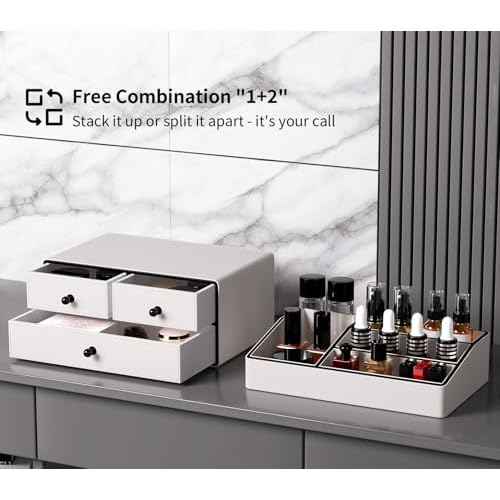 GORESE Leather Makeup Organizer with Drawers for Vanity, Stackable Skincare Holder Dresser Organizer Countertop, Make Up Storage Organizers Counter Cosmetic Display Case Gifts for Women(Cream White)