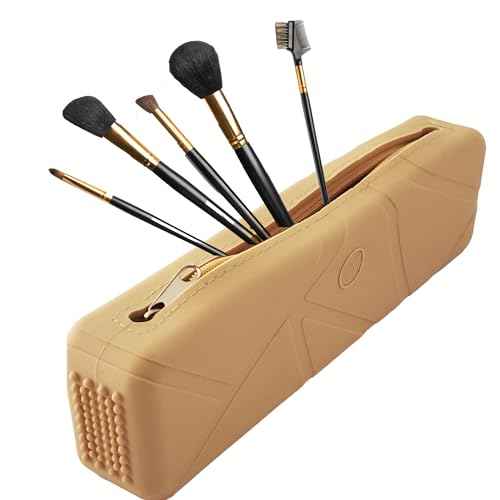 Silicone Makeup Organizer with Zipper Closure - Makeup Brush Cleaner & Holder, Small Makeup Bag for Travel Essentials, Cosmetic Bags for Women, Makeup Case & Brush Travel Pouch (Khaki)