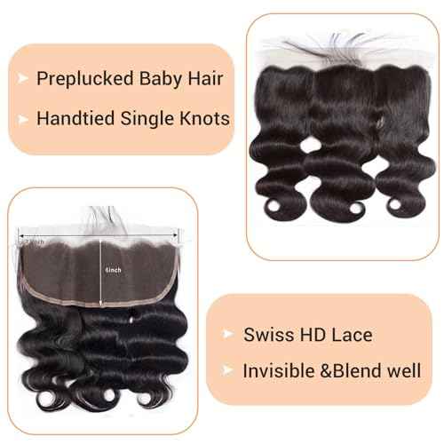 13x6 Frontal Human Hair Body Wave HD Transparent Ear to Ear Lace Frontal Closure With Baby Hair Free Part 100% Virgin Human Hair Natural Black 14 Inch