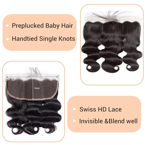 13x6 Frontal Human Hair Body Wave HD Transparent Ear to Ear 18 Inch Lace Frontal Closure With Baby Hair Free Part 100% Virgin Human Hair Natural Black