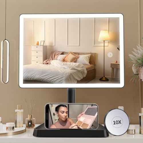 FUNTOUCH Rechargeable Makeup Vanity Mirror with Lights, Large Lighted Desk Makeup Mirror with 96 LED Lights and 10x Magnifying, 3 Color Lighting, Make up Light Mirror with Phone Holder