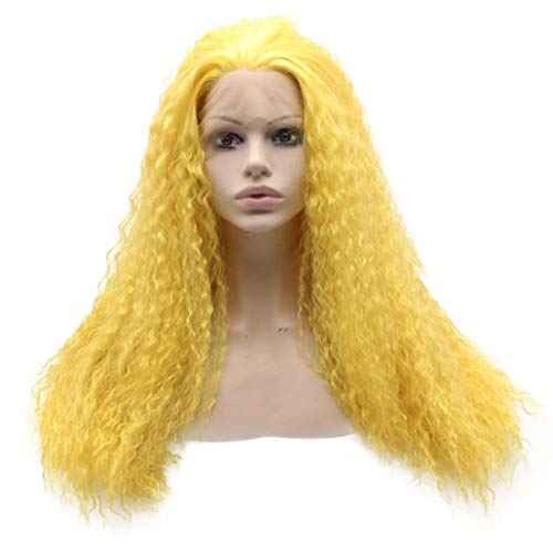 MX angel Long Curly Lace Front Synthetic Hair Yellow Cosplay Party Wig Heat Resistant Fiber