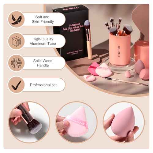 BS-MALL Makeup Brushes Premium Synthetic Foundation Powder Concealers Eye Shadows Makeup 14 Pcs Brush Set, Pink Set, with Case