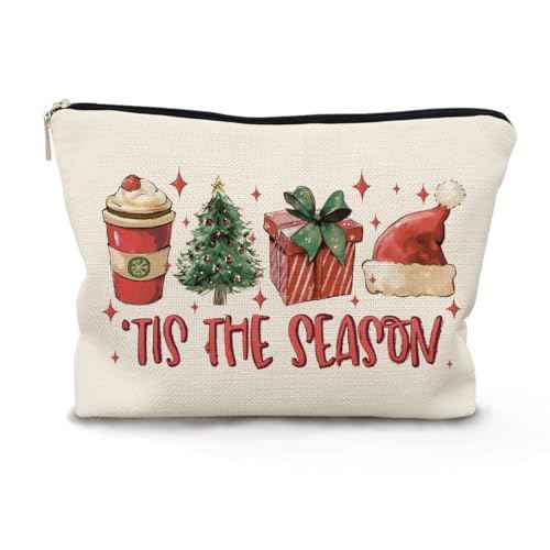 Tis the Season Christmas Makeup Bag, Red Santa Hat Gift Box Cocoa Christmas Tree Cosmetic Bags with Zipper for Women's Gifts