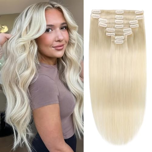 Clip in Hair Extensions Real Human Hair, Seamless Clip ins Real Human Hair for Women, Remy Human Hair Clip in Extensions, Double Weft 8pcs 18 inch Platinum Blonde