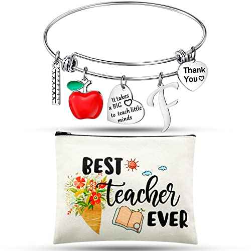 Highergo 2 Pcs Christmas Teacher Appreciation Gifts Set for Women Personalized Xmas Gifts Kits Cosmetic Bag Makeup Pouch Thank You Bangle Bracelet Keychain Present, Best Teacher Ever Present