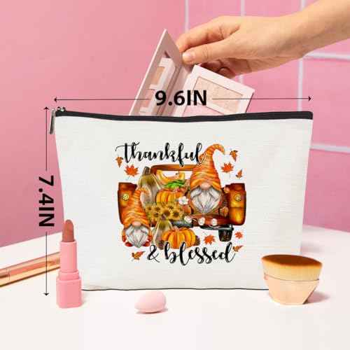 Gnome Gifts Fall Sunflowers Pumpkin Leaves Makeup Bag - Cosmetic Case - Orange, Brown - Waterproof - Travel, Makeup, Toiletry