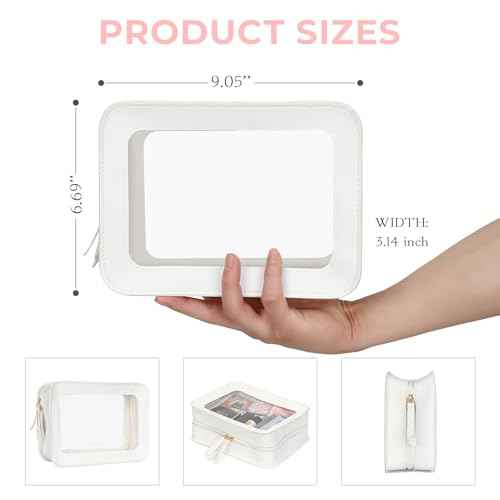 Clear Makeup Bag TSA Approved Waterproof Travel Toiletry Bag Leather Cosmetic Organizer Case Transparent Car Storage Pouch for Women(White-L)